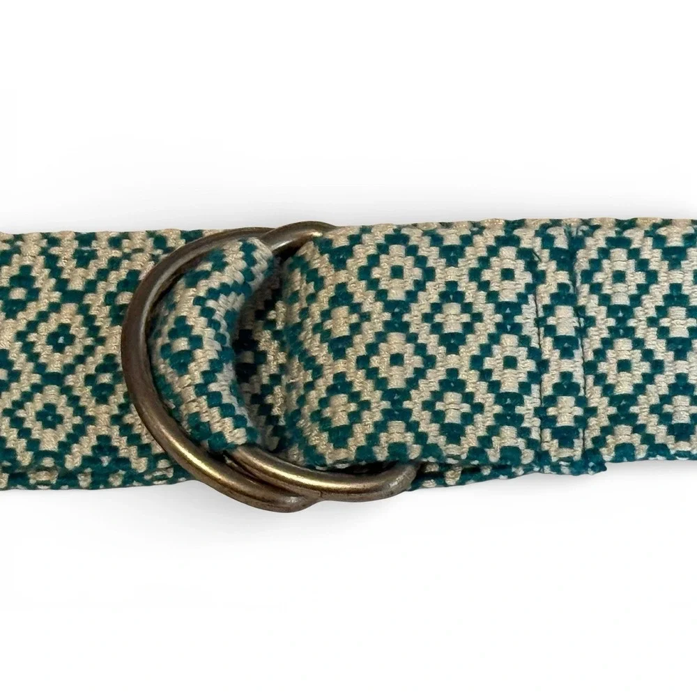 Teal Cream Woven Fabric‎ Belt Double D Ring Boho Preppy Coastal Adjustable